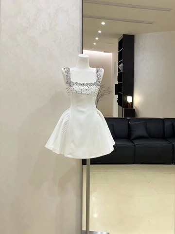 Cute A Line Strap Rhinestone White Satin Short Homecoming Dress Cocktail Dress HZ1023